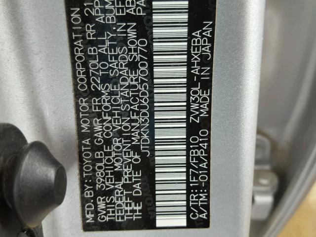 JTDKN3DU6D5700770 - 2013 TOYOTA PRIUS SILVER photo 10