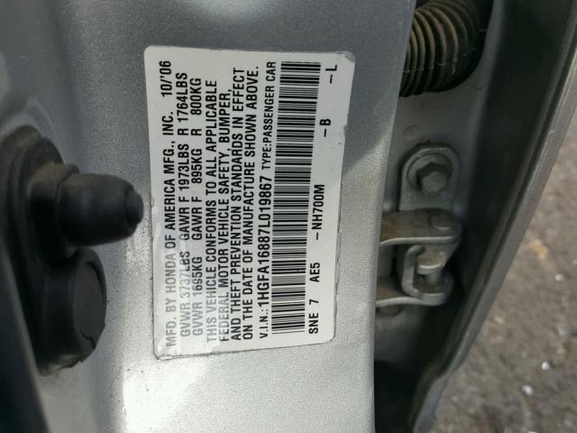 1HGFA16887L019867 - 2007 HONDA CIVIC EX SILVER photo 10