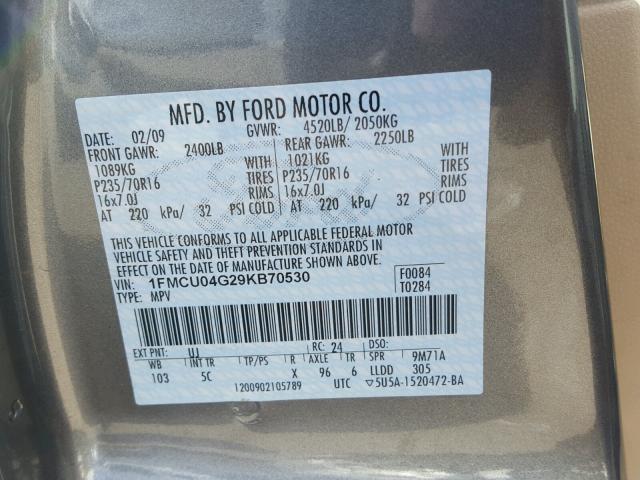 1FMCU04G29KB70530 - 2009 FORD ESCAPE LIM GRAY photo 10