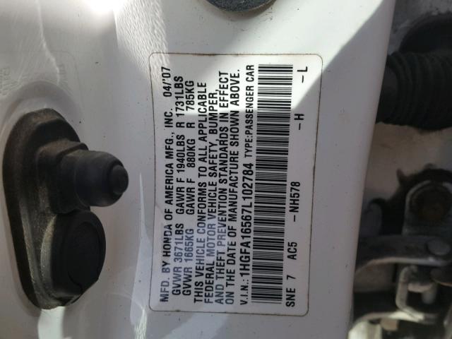 1HGFA16567L102784 - 2007 HONDA CIVIC LX WHITE photo 10