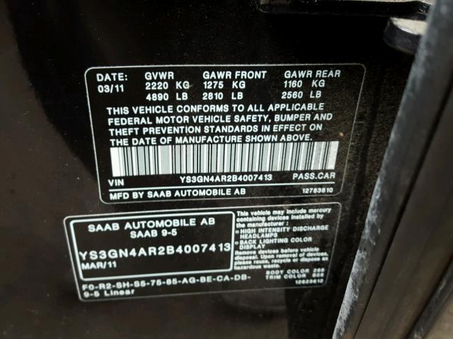 YS3GN4AR2B4007413 - 2011 SAAB 9-5 TURBO BLACK photo 10