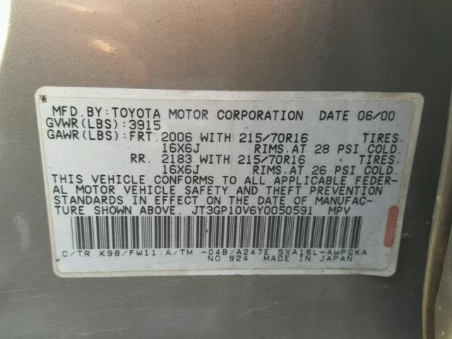 JT3GP10V6Y0050591 - 2000 TOYOTA RAV4 GRAY photo 10