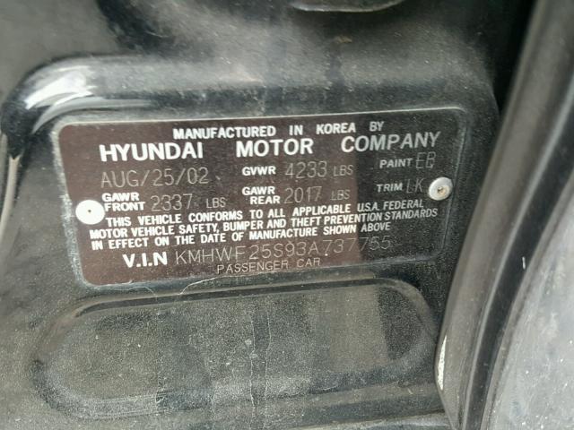 KMHWF25S93A737755 - 2003 HYUNDAI SONATA GL BLACK photo 10