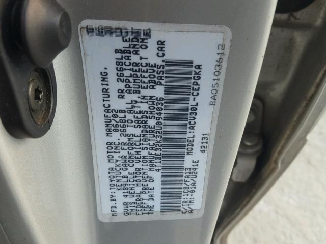 4T1BE32K32U094036 - 2002 TOYOTA CAMRY LE SILVER photo 10
