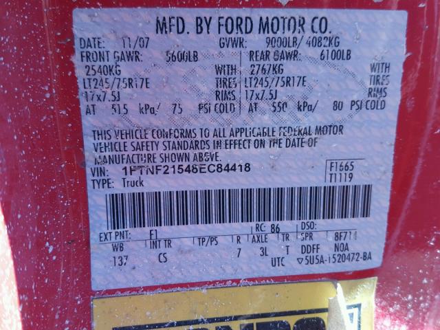 1FTNF21548EC84418 - 2008 FORD F250 SUPER RED photo 10