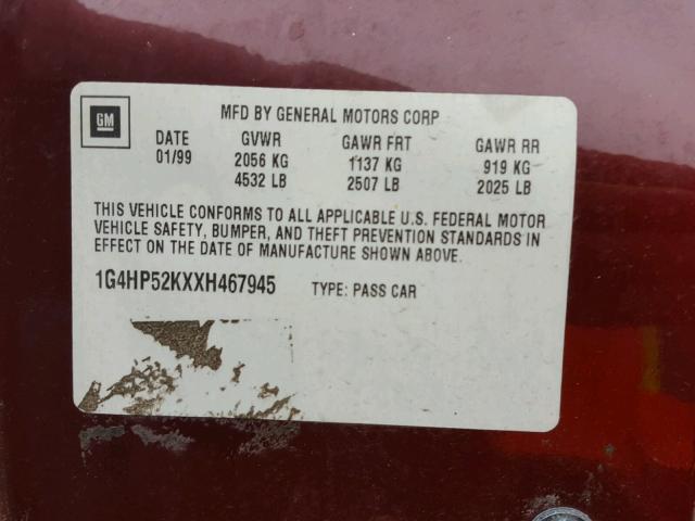 1G4HP52KXXH467945 - 1999 BUICK LESABRE CU RED photo 10