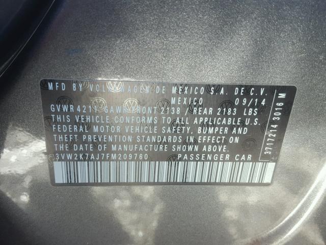 3VW2K7AJ7FM209760 - 2015 VOLKSWAGEN JETTA BASE ნაცრისფერი ფოტო 10