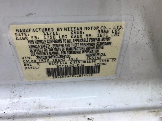 3N1CN7APXCL854135 - 2012 NISSAN VERSA S WHITE photo 10