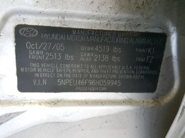 5NPEU46F96H059945 - 2006 HYUNDAI SONATA GLS SILVER photo 10