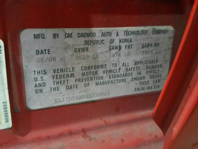 KL1TD56E89B326624 - 2009 CHEVROLET AVEO LS RED photo 10