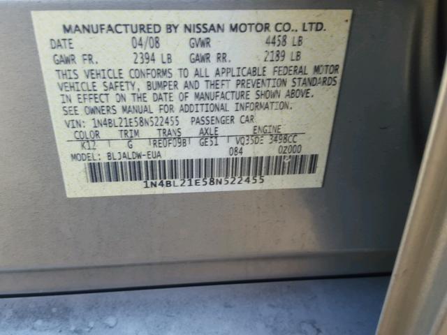 1N4BL21E58N522455 - 2008 NISSAN ALTIMA 3.5 SILVER photo 10