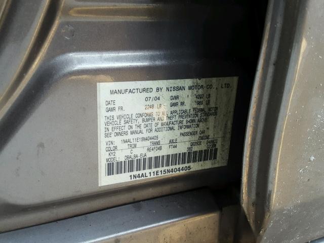 1N4AL11E15N404405 - 2005 NISSAN ALTIMA S GRAY photo 10