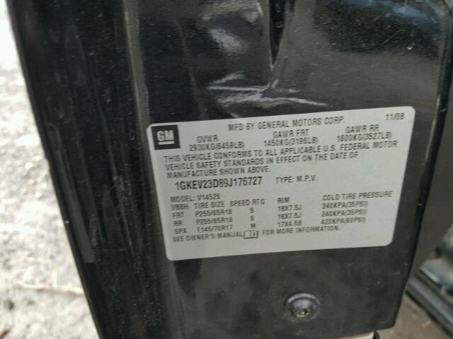 1GKEV23D89J176727 - 2009 GMC ACADIA SLT შავი ფოტო 10