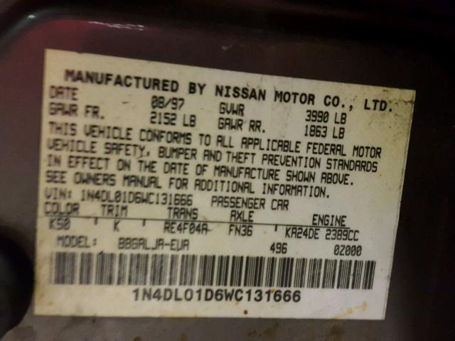 1N4DL01D6WC131666 - 1998 NISSAN ALTIMA XE GRAY photo 10
