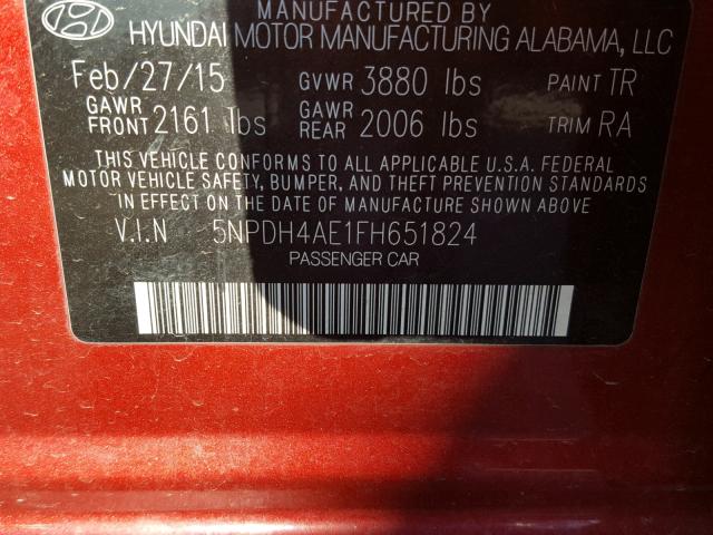 5NPDH4AE1FH651824 - 2015 HYUNDAI ELANTRA SE RED photo 10