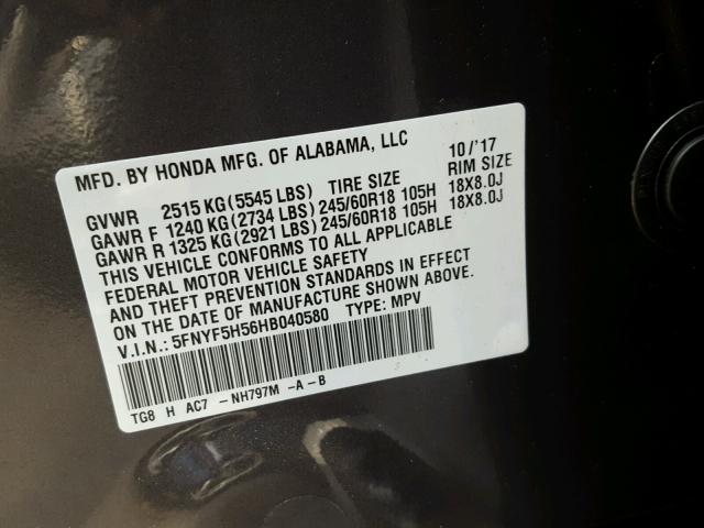 5FNYF5H56HB040580 - 2017 HONDA PILOT EXL CHARCOAL photo 10