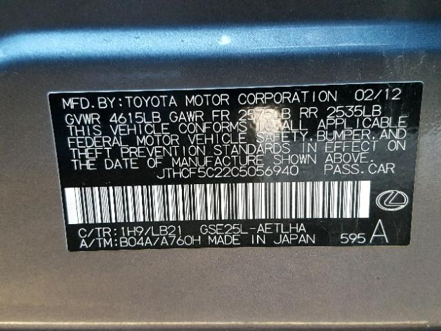 JTHCF5C22C5056940 - 2012 LEXUS IS 250 GRAY photo 10