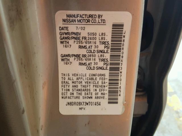 JN8DR09X73W701454 - 2003 NISSAN PATHFINDER TAN photo 10