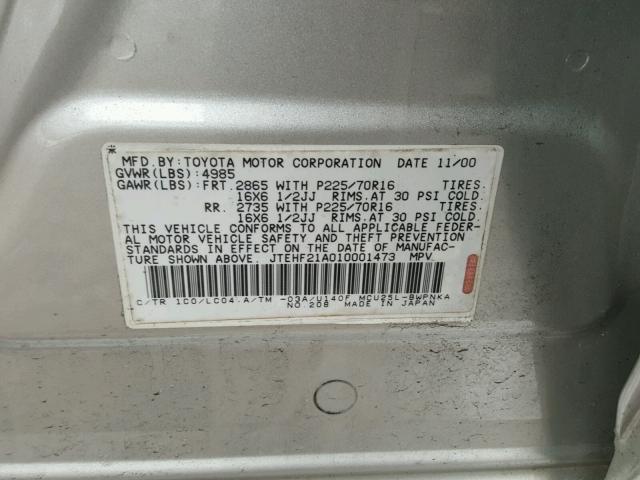 JTEHF21A010001473 - 2001 TOYOTA HIGHLANDER GRAY photo 10