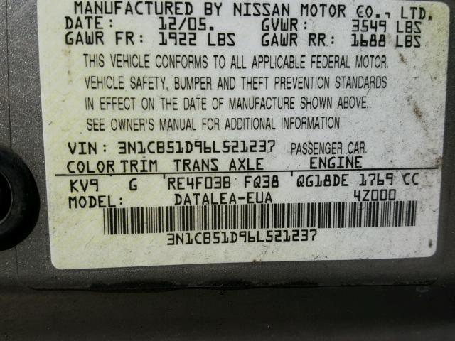 3N1CB51D96L521237 - 2006 NISSAN SENTRA 1.8 GRAY photo 10