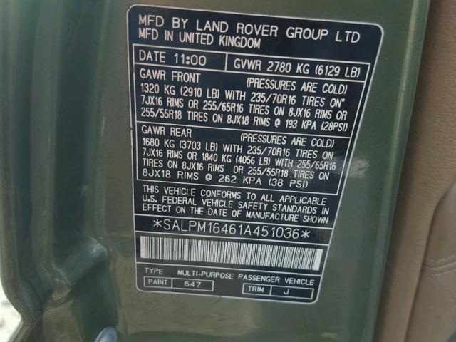 SALPM16461A451036 - 2001 LAND ROVER RANGE ROVE GREEN photo 10