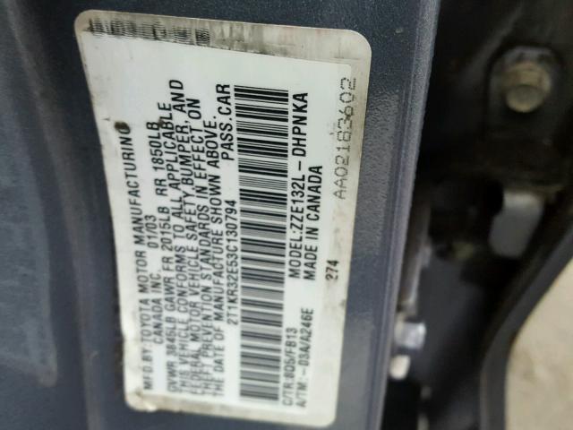 2T1KR32E53C130794 - 2003 TOYOTA COROLLA MA BLUE photo 10