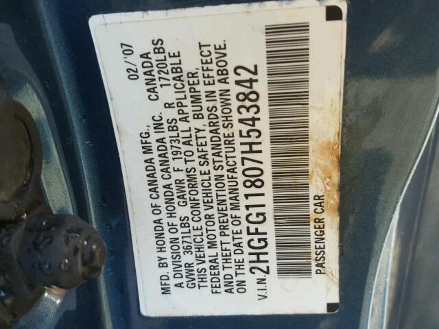 2HGFG11807H543842 - 2007 HONDA CIVIC EX ლურჯი ფოტო 10