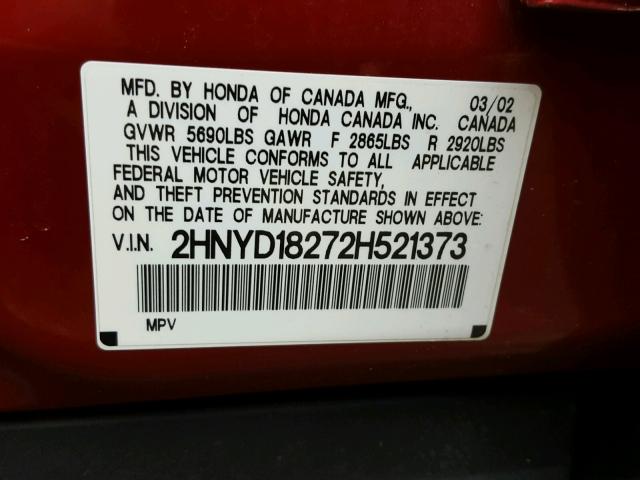 2HNYD18272H521373 - 2002 ACURA MDX RED photo 10