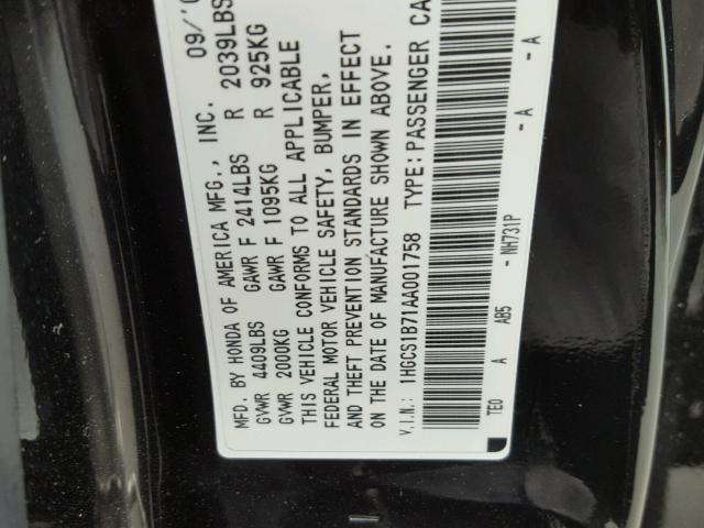 1HGCS1B71AA001758 - 2010 HONDA ACCORD EX BLACK photo 10