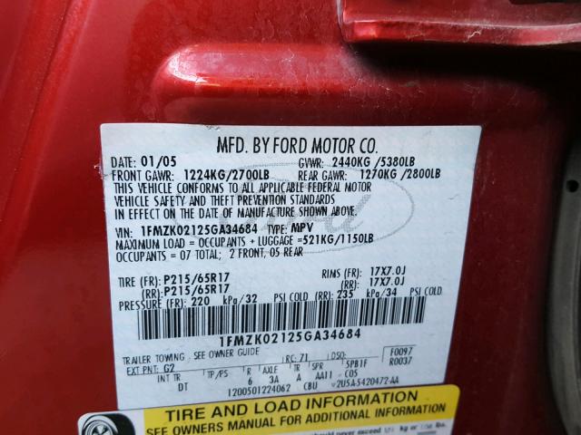 1FMZK02125GA34684 - 2005 FORD FREESTYLE RED photo 10