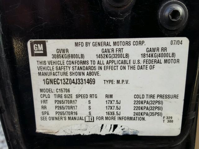 1GNEC13Z04J331469 - 2004 CHEVROLET TAHOE C150 BLACK photo 10