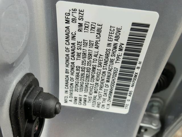 2HKRM4H50GH702657 - 2016 HONDA CR-V EX SILVER photo 10