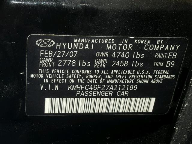 KMHFC46F27A212189 - 2007 HYUNDAI AZERA SE BLACK photo 10