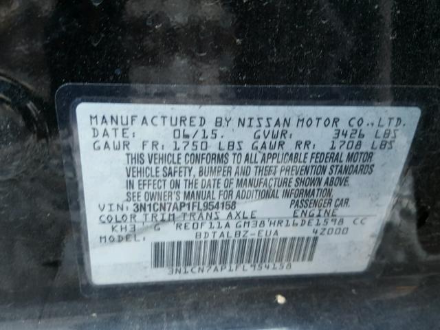 3N1CN7AP1FL954158 - 2015 NISSAN VERSA S BLACK photo 10