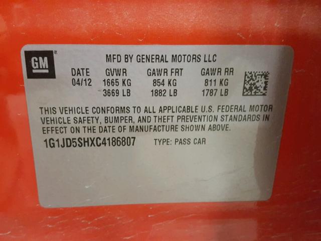 1G1JD5SHXC4186807 - 2012 CHEVROLET SONIC LT ORANGE photo 10