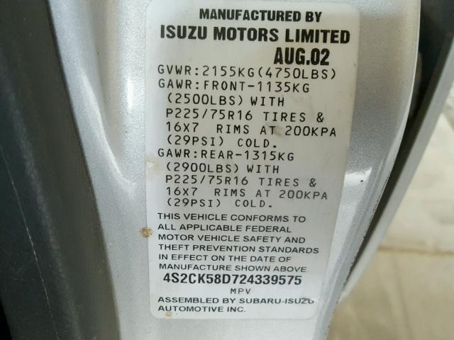 4S2CK58D724339575 - 2002 ISUZU RODEO S SILVER photo 10