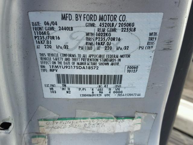 1FMYU93175DA18572 - 2005 FORD ESCAPE XLT SILVER photo 10