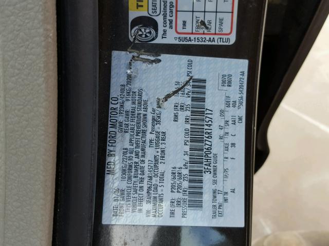 3FAHP06Z76R145717 - 2006 FORD FUSION S BLACK photo 10