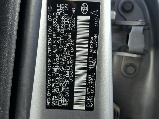 JTDKDTB3XF1104522 - 2015 TOYOTA PRIUS C SILVER photo 10