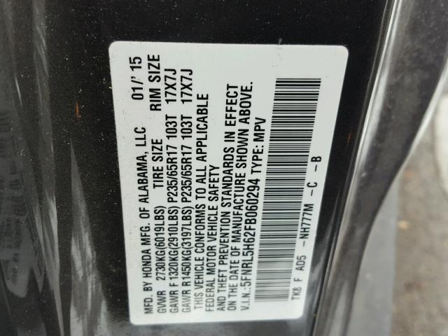 5FNRL5H62FB060294 - 2015 HONDA ODYSSEY EX GRAY photo 10