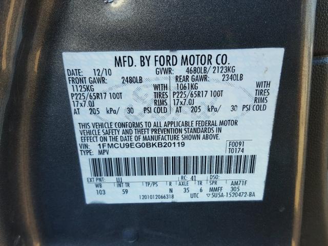 1FMCU9EG0BKB20119 - 2011 FORD ESCAPE LIM GRAY photo 10