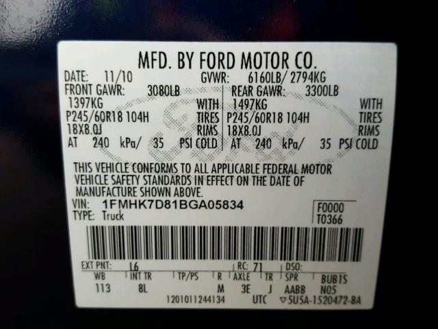 1FMHK7D81BGA05834 - 2011 FORD EXPLORER X BLUE photo 10