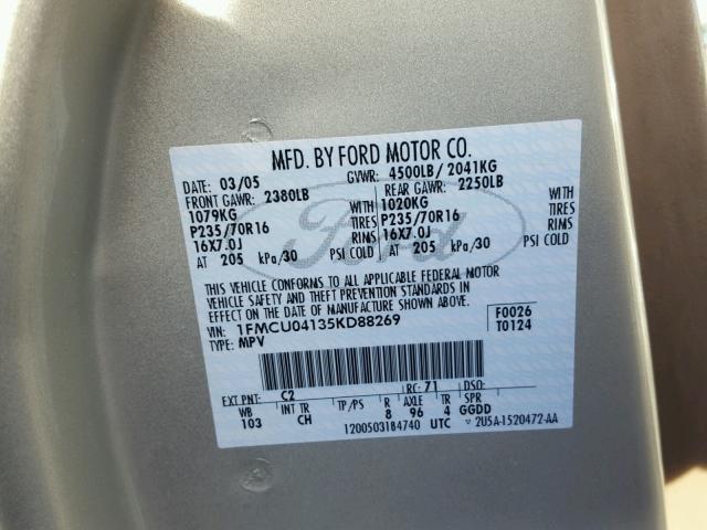 1FMCU04135KD88269 - 2005 FORD ESCAPE LIM TAN photo 10