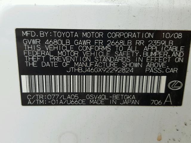 JTHBJ46GX92292824 - 2009 LEXUS ES 350 WHITE photo 10