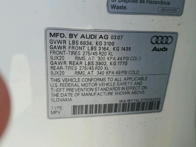 WA1BY74L37D093303 - 2007 AUDI Q7 3.6 QUA WHITE photo 10