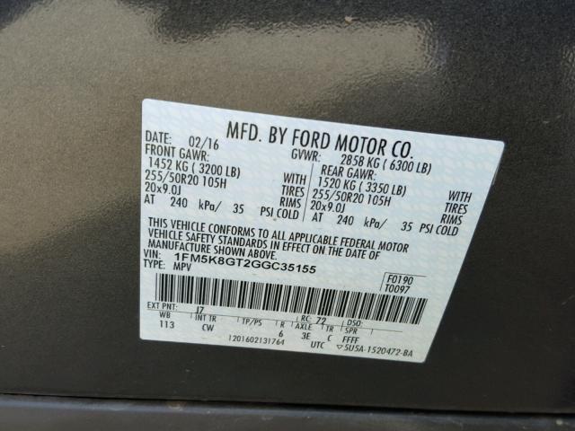 1FM5K8GT2GGC35155 - 2016 FORD EXPLORER S CHARCOAL photo 10