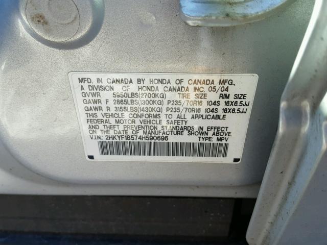 2HKYF18574H590696 - 2004 HONDA PILOT EXL SILVER photo 10