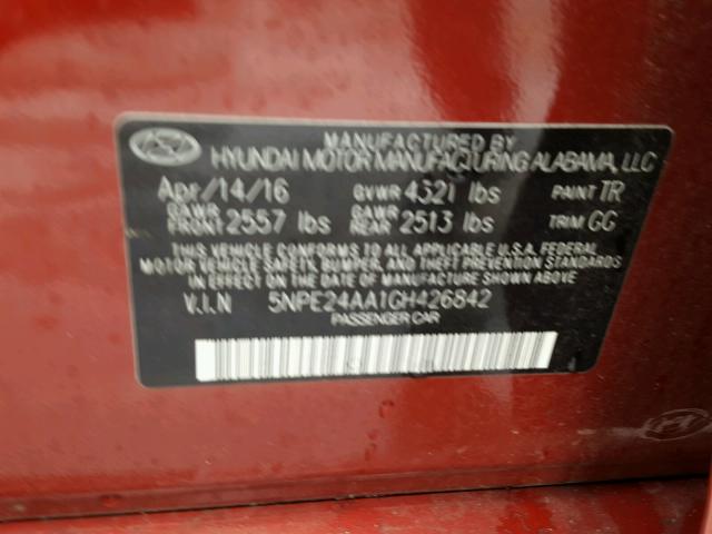 5NPE24AA1GH426842 - 2016 HYUNDAI SONATA ECO RED photo 10