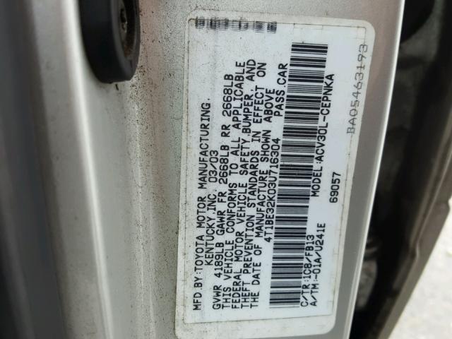 4T1BE32K03U716304 - 2003 TOYOTA CAMRY LE SILVER photo 10