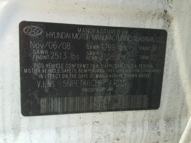 5NPET46C19H543945 - 2009 HYUNDAI SONATA GLS WHITE photo 10